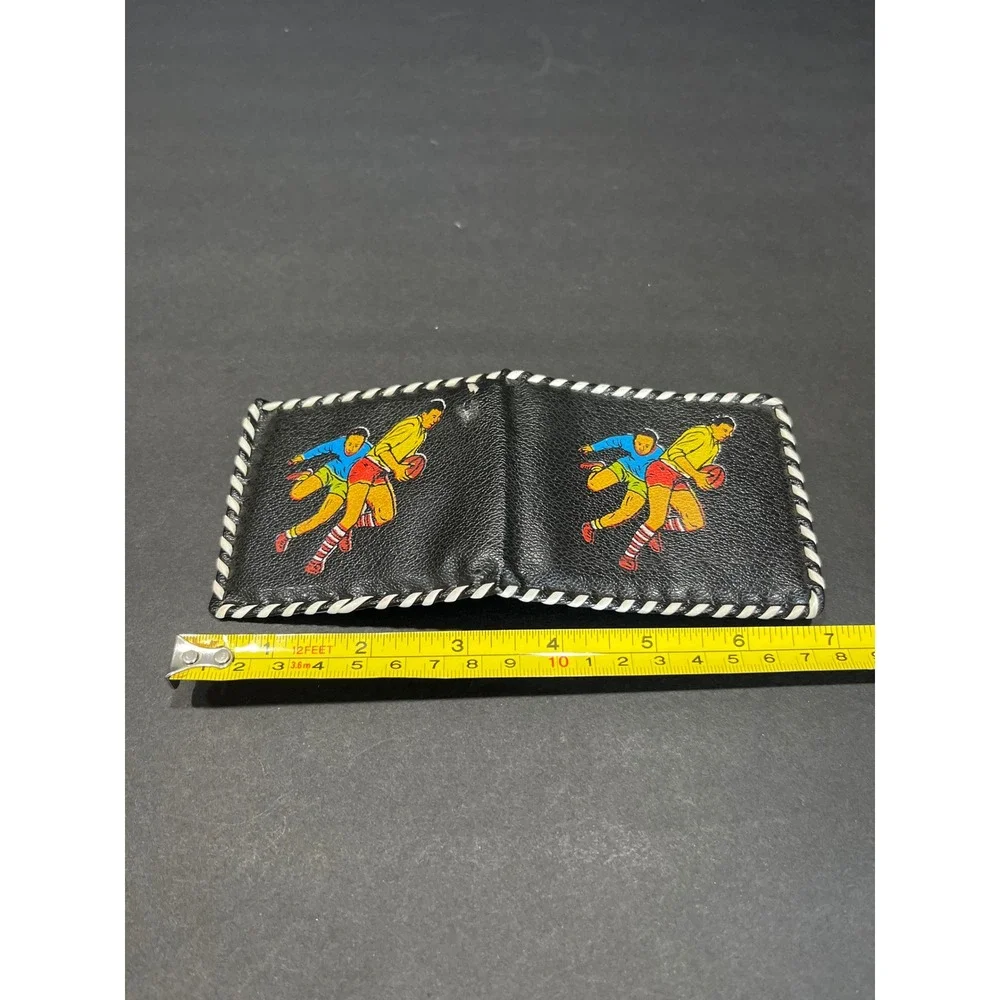 Vintage Rugby Football Graphic Bifold Wallet Black White Whipstitch Sporty